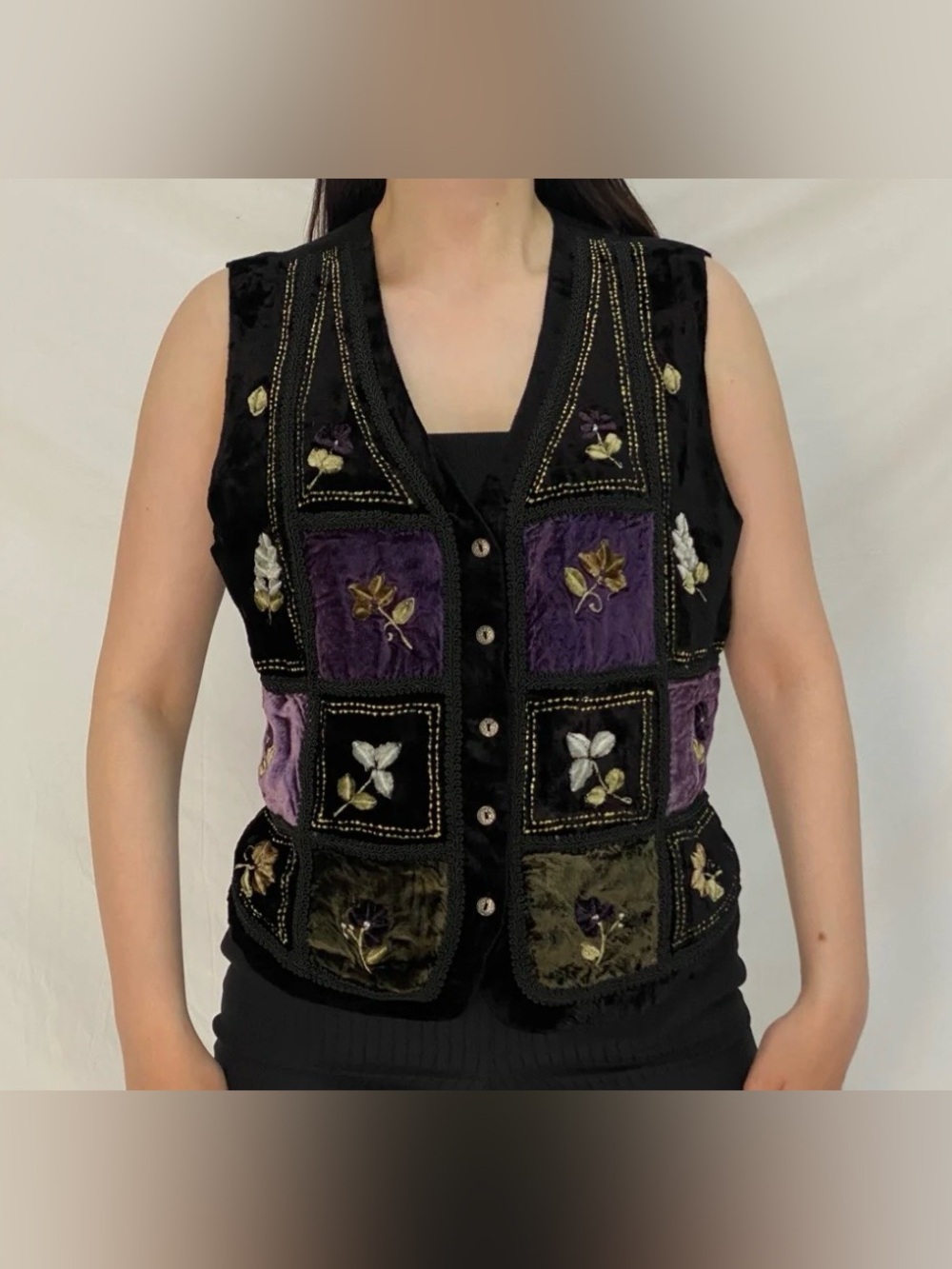 White Stag Black Velvet Patchwork Vest with Purple and Olive Panels